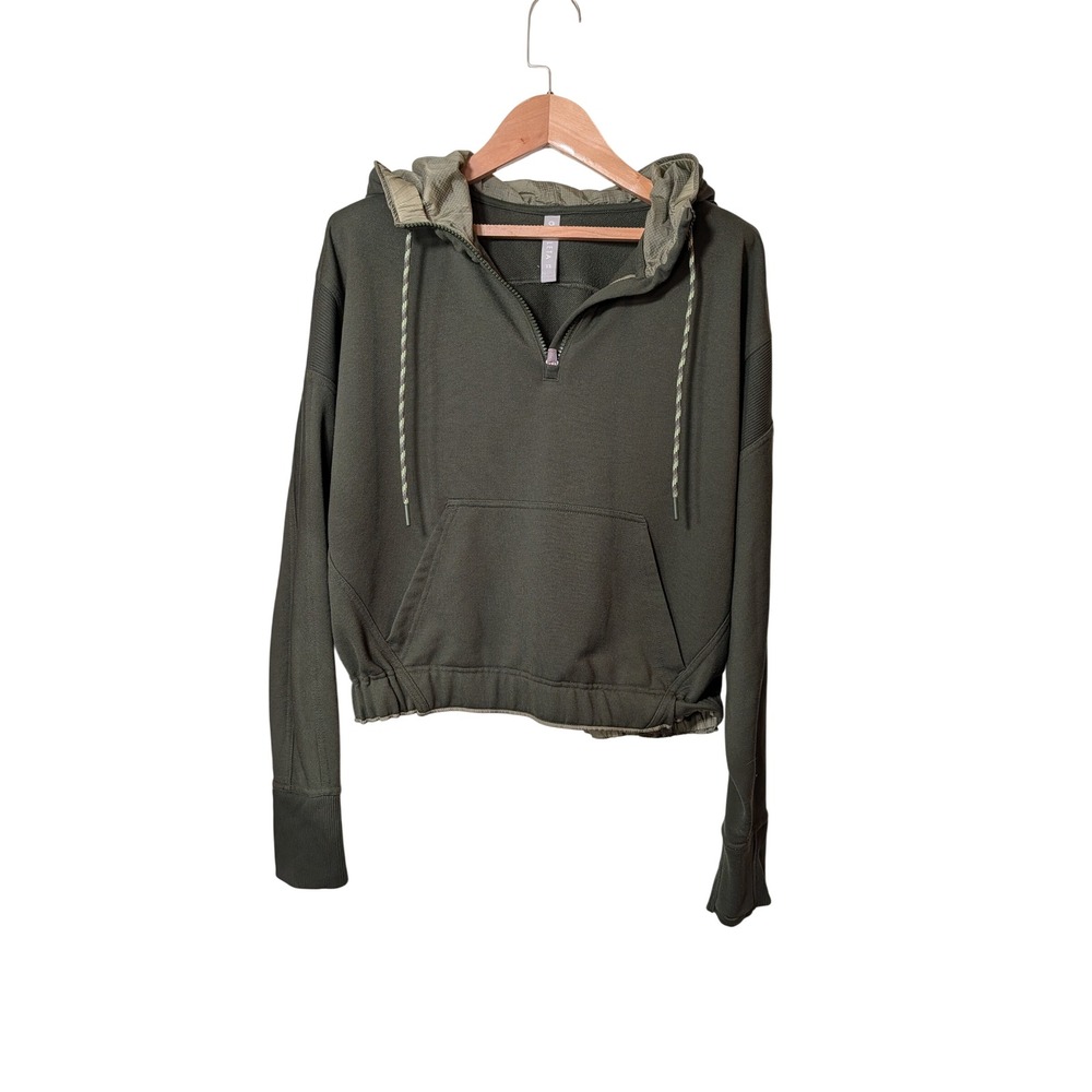 Athleta Womens XS Olive Green Quarter Zip Cropped Hoodie Ripstop Lined Pullover